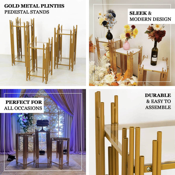 Gold metal plinths pedestal stands for modern decor and versatile occasions.