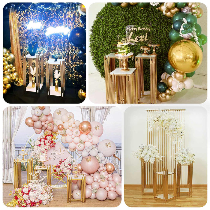 Gold and white decorative display stands for birthday events and celebrations.
