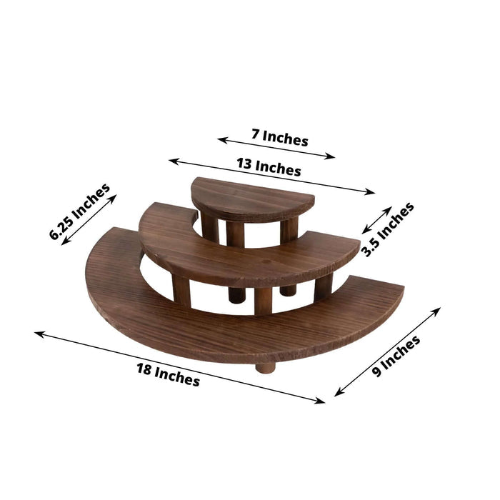 Wooden three-tier display stand with measurements displayed for clarity.