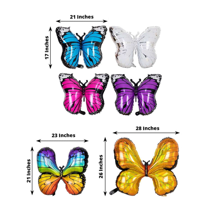 Colorful butterfly balloons in various sizes displayed on a white background.