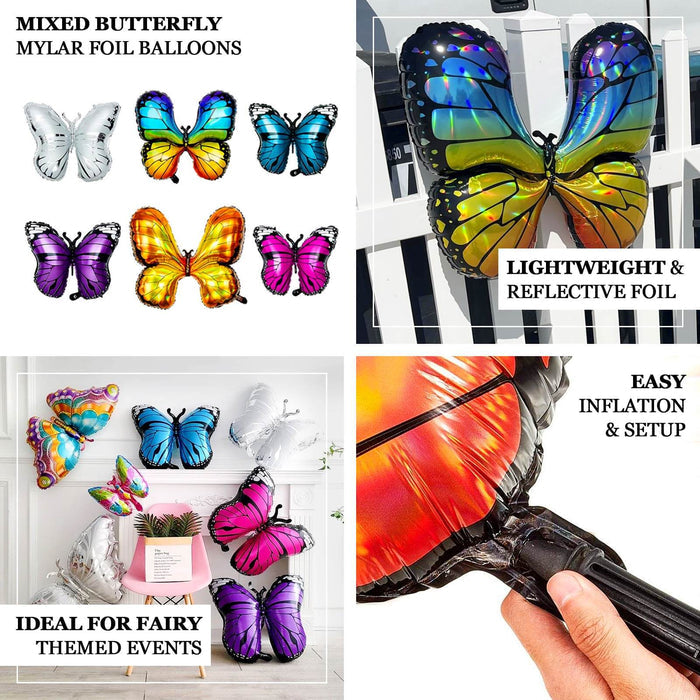 Mixed butterfly mylar foil balloons in various colors for fairy-themed events.