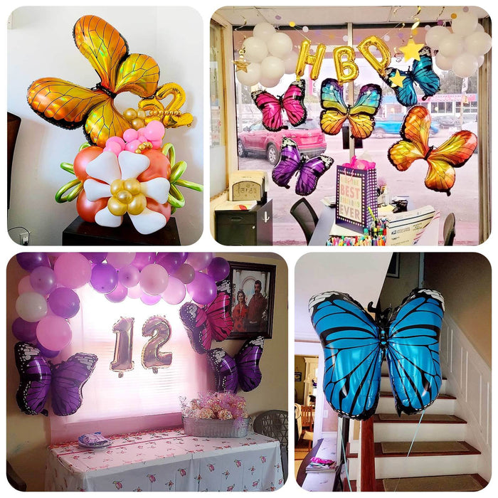 Colorful butterfly balloon decorations for a birthday celebration.