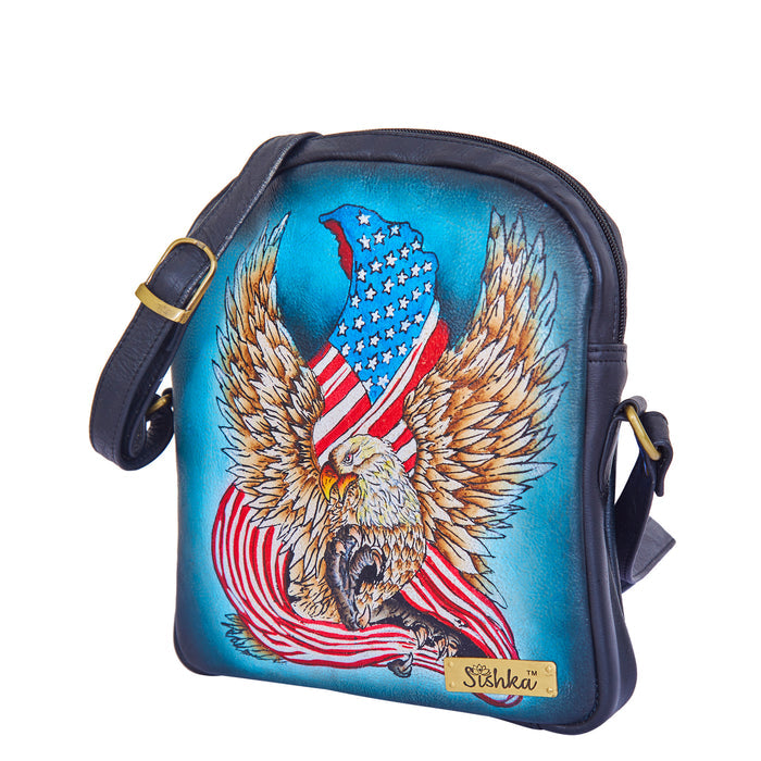 Women's eagle motif genuine leather slim crossbody bag for daily use-half side view