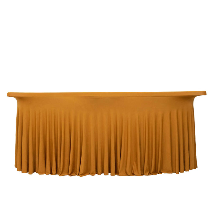 Yellow stretch table cover with pleated design for events and parties.