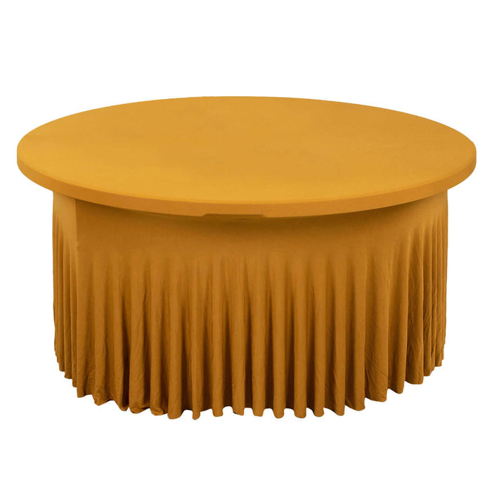 Round yellow table with pleated skirt