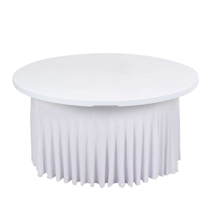 Round white table with a pleated white skirt