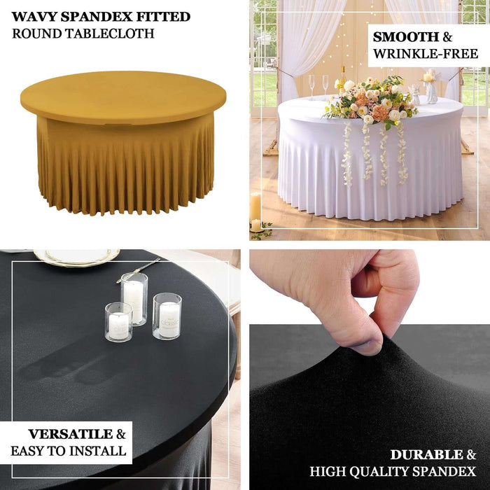 Wavy spandex fitted round tablecloth in gold, versatile and easy to install.