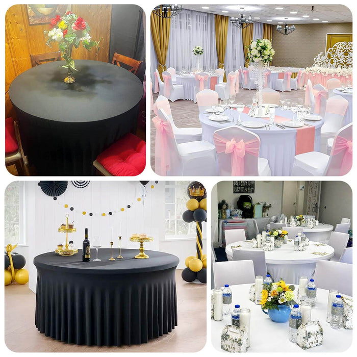 Various styled table settings with black tablecloths for events and celebrations.
