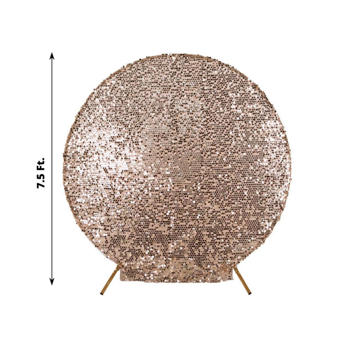 Rose gold sequin backdrop, 7.5 ft tall, perfect for events and photo shoots.
