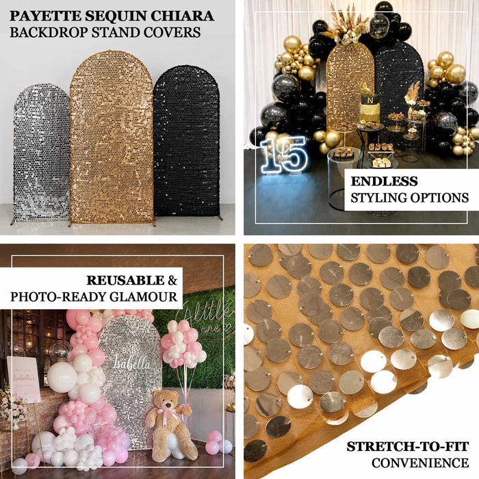 Sparkly big Payette sequin fitted Chiara arch cover designed for round-top wedding backdrops and event displays