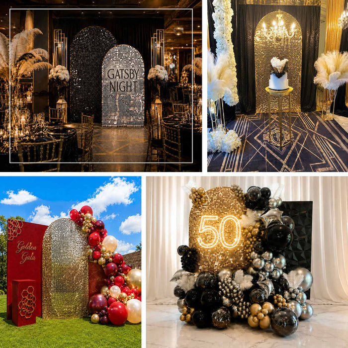 Shimmering sequin Chiara stand cover adds glamorous sparkle to wedding ceremonies, receptions, and photo backdrops