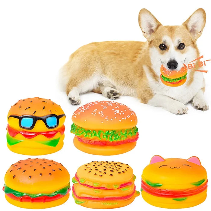 Squeaky Hamburger Dog Toy - Chew Toy for Teeth Cleaning & Molar Care, Interactive Squeaking Pet Toy, Happy Tails Pet Shop Store