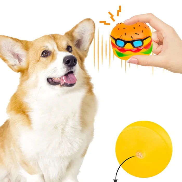 Squeaky Hamburger Dog Toy - Chew Toy for Teeth Cleaning & Molar Care, Interactive Squeaking Pet Toy, Happy Tails Pet Shop Store