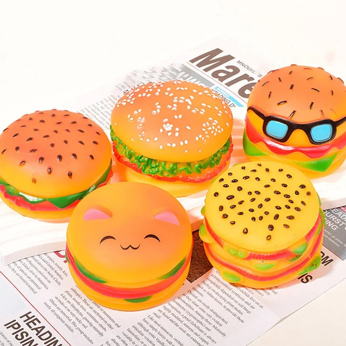 Squeaky Hamburger Dog Toy - Chew Toy for Teeth Cleaning & Molar Care, Interactive Squeaking Pet Toy, Happy Tails Pet Shop Store