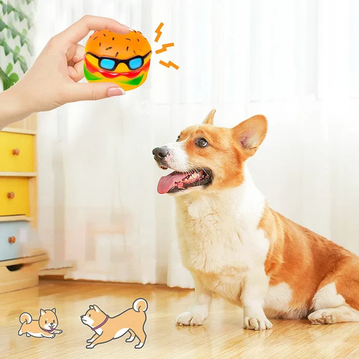Squeaky Hamburger Dog Toy - Chew Toy for Teeth Cleaning & Molar Care, Interactive Squeaking Pet Toy, Happy Tails Pet Shop Store