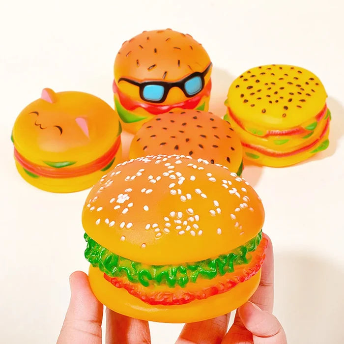 Squeaky Hamburger Dog Toy - Chew Toy for Teeth Cleaning & Molar Care, Interactive Squeaking Pet Toy, Happy Tails Pet Shop Store