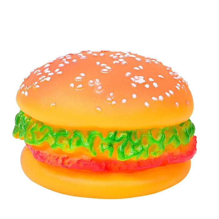 Squeaky Hamburger Dog Toy - Chew Toy for Teeth Cleaning & Molar Care, Interactive Squeaking Pet Toy, Happy Tails Pet Shop Store