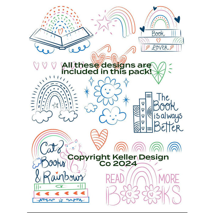 Stick It Stitch It Water Soluble Embroidery Patterns-Cats, Books, Rainbows