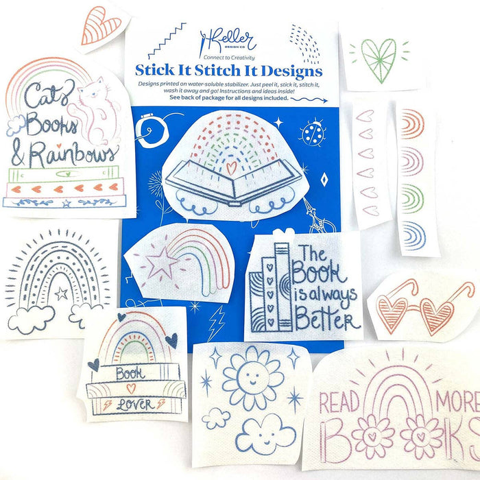 Stick It Stitch It Water Soluble Embroidery Patterns-Cats, Books, Rainbows