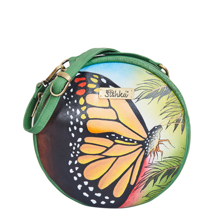 Women’s butterfly hand-painted leather oval crossbody bag for everyday use and travel, stylish crossbody sling bag