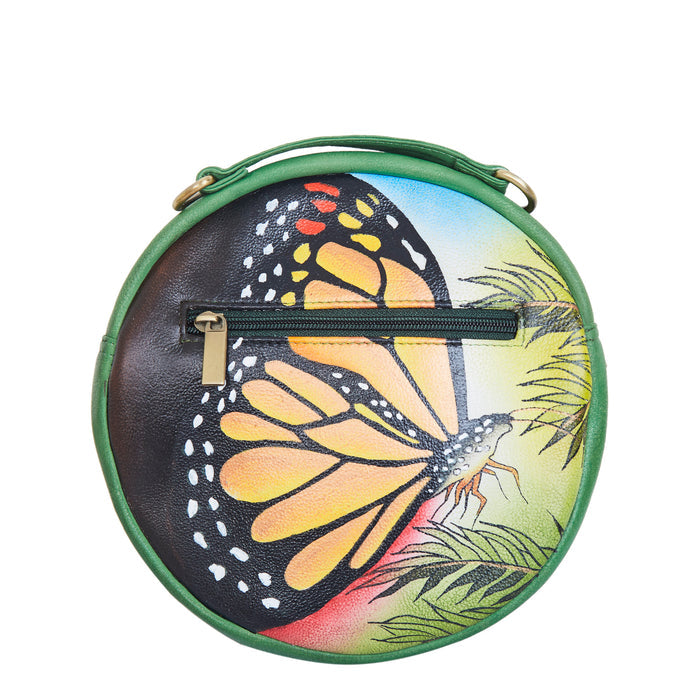 Women’s butterfly hand-painted leather oval crossbody bag for everyday use and travel, stylish crossbody sling bag-back view