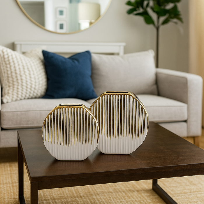 Vase Ceramic Centre Piece Gold Modern White Home Decor Tabletop Accessories, Available in Two Sizes