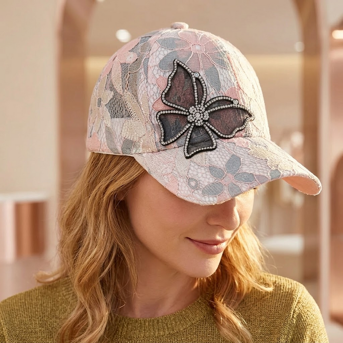 Veluna – Rhinestone Butterfly Lace Baseball Cap