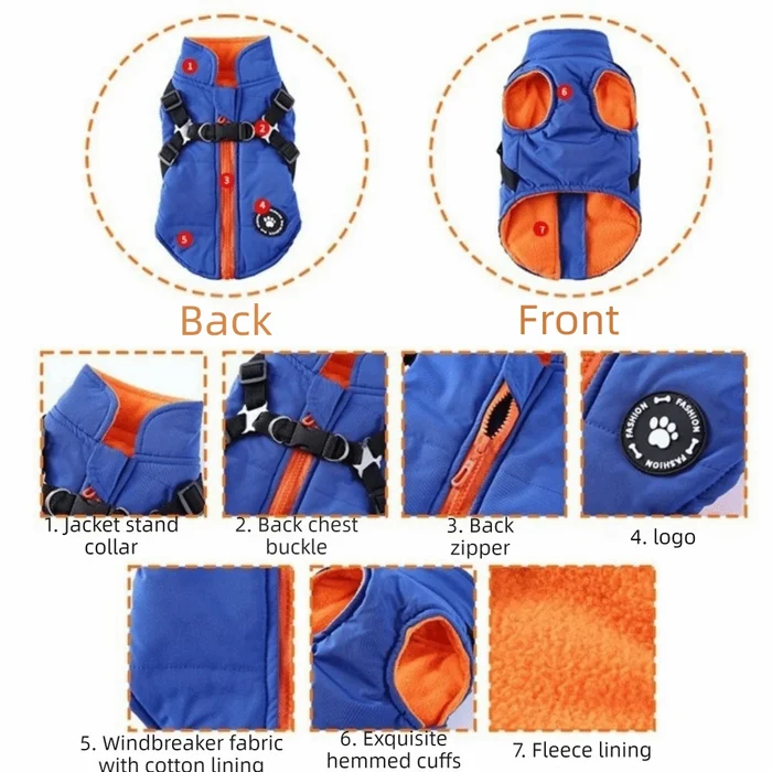 Waterproof Adjustable Dogs Down Clothes Warm Windproof Dog Coat with Harness Soft Dog Jacket for Dogs Cats Happy Tails Pet Shop Store