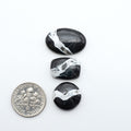 White Buffalo stone cabochons, white stone with black matrix, polished stones on a white background, with a US dime for scale