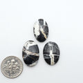 White Buffalo stone cabochons, white stone with black matrix, polished stones on a white background, with a US dime for scale