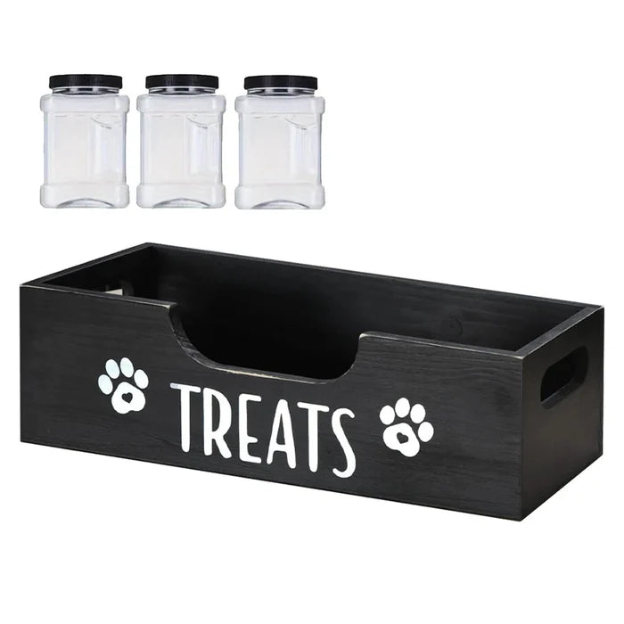 Wooden Pet Snack Storage Box with Plastic Treat Jar Food Storage Holder (Black) Happy Tails Pet Shop Store