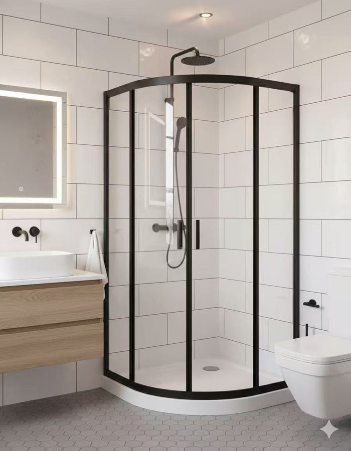 ZENITH ROUND FRONT SHOWER GLASS - twin sliding doors - Black Frame 1950mm